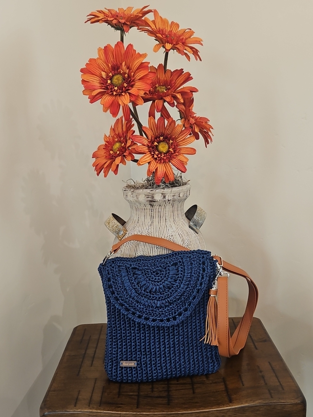 Navy Hand Crochet Crossbody Bag with Tan Strap.  Handmade By Me!